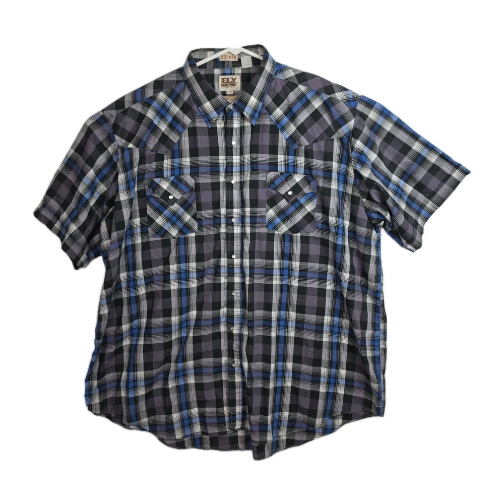 VTG Ely Cattleman‎ Button-Up Pearl Snap Shirt Men's 3x Big Blue/Gray/White Plaid